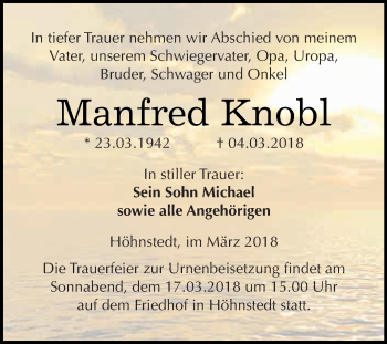 Traueranzeige von Manfred Knobl von Super Sonntag SGH Mansf. Land