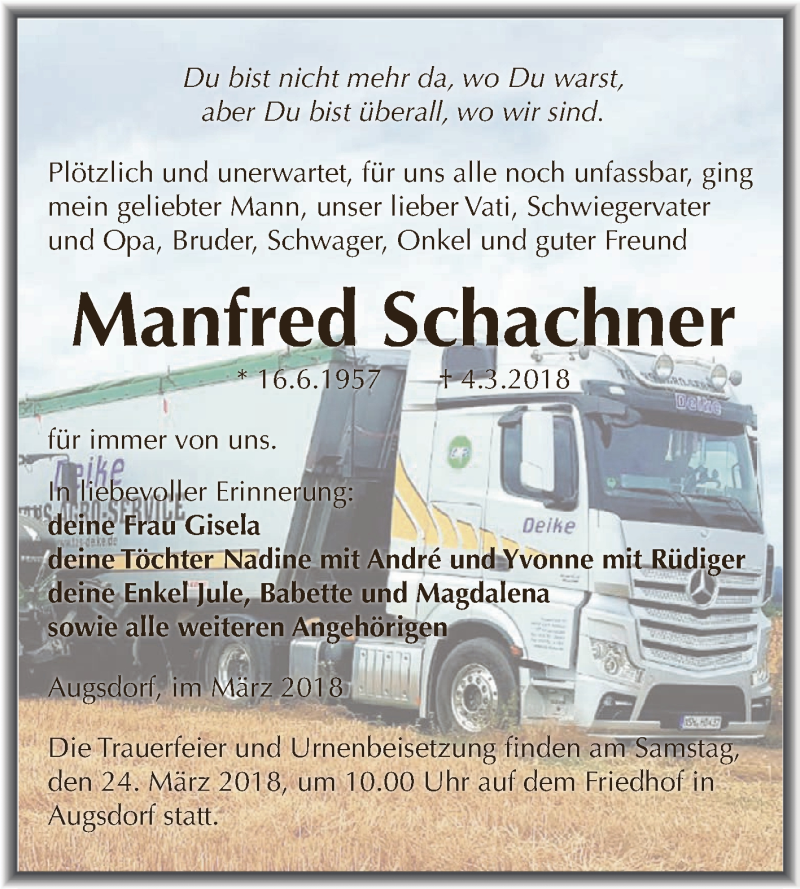 Traueranzeige für Manfred Schachner vom 14.03.2018 aus Wochenspiegel Mansfelder Land