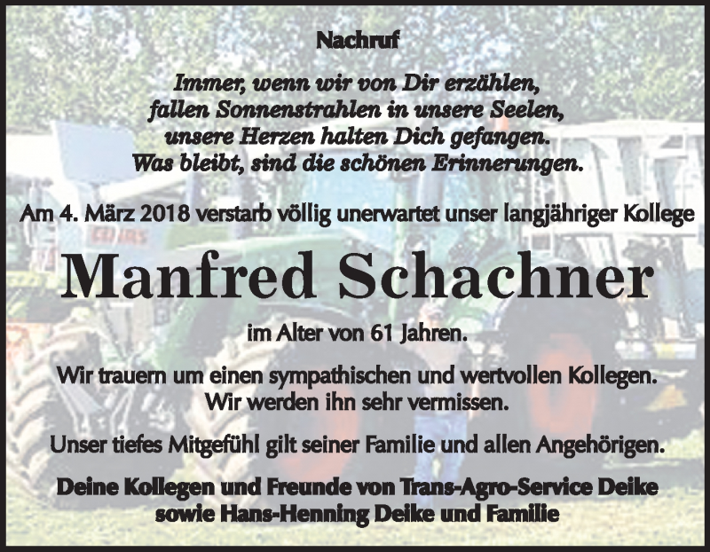 Traueranzeige für Manfred Schachner vom 13.03.2018 aus Mitteldeutsche Zeitung