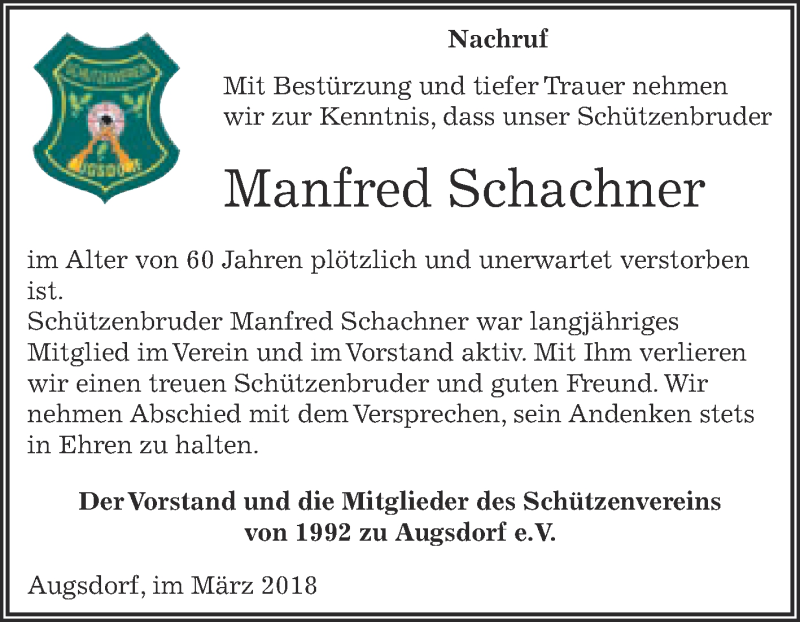  Traueranzeige für Manfred Schachner vom 21.03.2018 aus Super Sonntag SGH Mansf. Land
