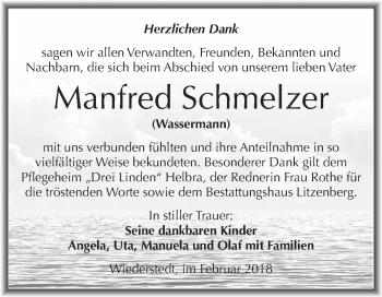 Traueranzeige von Manfred Schmelzer von Wochenspiegel Mansfelder Land