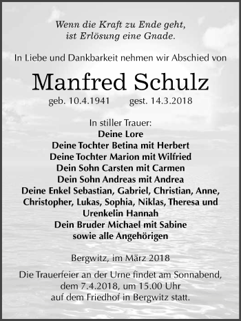 Traueranzeige von Manfred Schulz von WVG - Wochenspiegel Wittenberg