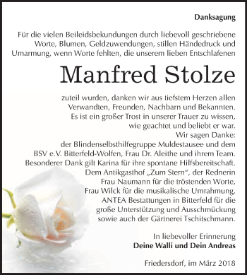 Traueranzeige von Manfred Stolze von WVG - Wochenspiegel Bitterfeld