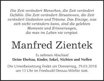 Traueranzeige von Manfred Zientek von Super Sonntag Wittenberg