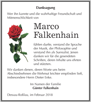 Traueranzeige von Marco Falkenhain von Mitteldeutsche Zeitung Dessau-Roßlau