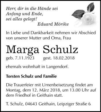 Traueranzeige von Marga Schulz von Mitteldeutsche Zeitung Weißenfels