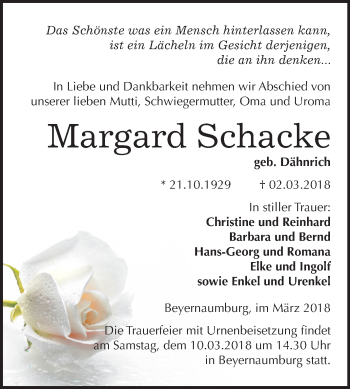 Traueranzeige von Margard Schacke von Mitteldeutsche Zeitung Sangerhausen
