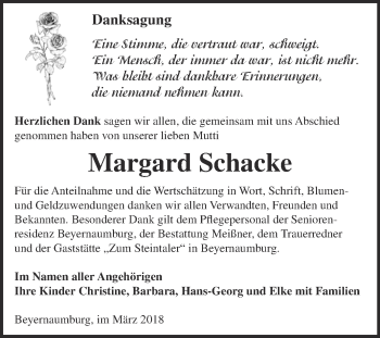 Traueranzeige von Margard Schacke von Super Sonntag SGH Mansf. Land