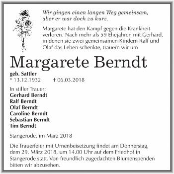 Traueranzeige von Margarete Berndt von Super Sonntag SGH Mansf. Land