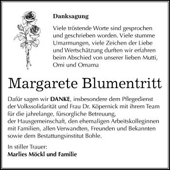 Traueranzeige von Margarete Blumentritt von Mitteldeutsche Zeitung Merseburg/Querfurt