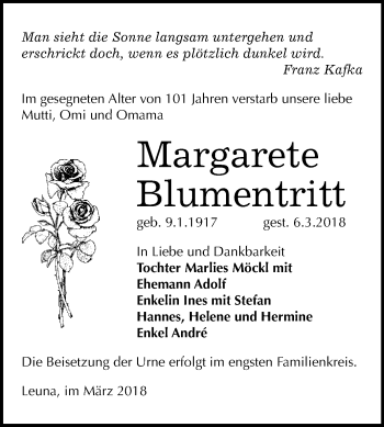 Traueranzeige von Margarete Blumentritt von WVG - Wochenspiegel Merseburg