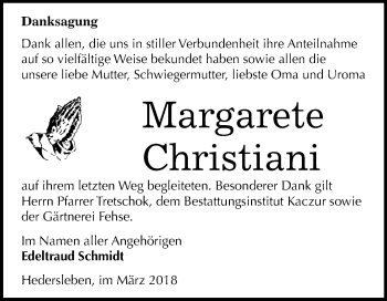Traueranzeige von Margarete Christiani von Mitteldeutsche Zeitung Quedlinburg