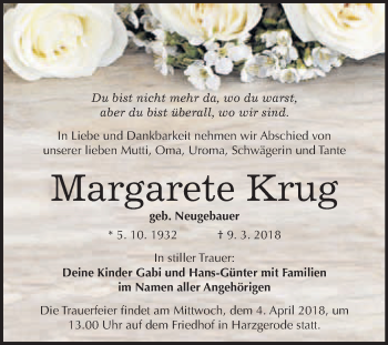 Traueranzeige von Margarete Krug von WVG - Wochenspiegel Quedlinburg
