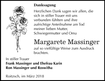 Traueranzeige von Margarete Massinger von Mitteldeutsche Zeitung Bitterfeld