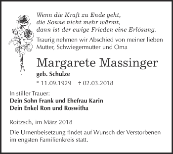 Traueranzeige von Margarete Massinger von WVG - Wochenspiegel Bitterfeld