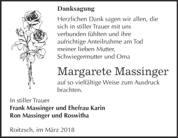 Traueranzeige von Margarete Massinger von WVG - Wochenspiegel Bitterfeld