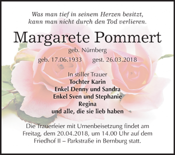 Traueranzeige von Margarete Pommert von Mitteldeutsche Zeitung Bernburg