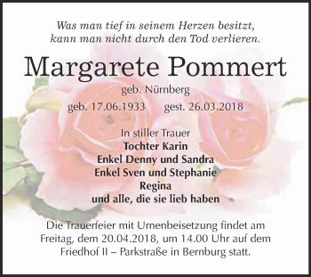 Traueranzeige von Margarete Pommert von Super Sonntag Bernburg
