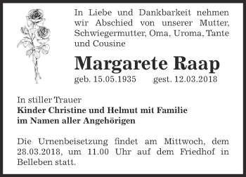 Traueranzeige von Margarete Raap von Super Sonntag Bernburg
