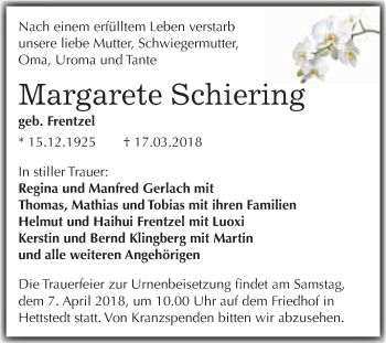 Traueranzeige von Margarete Schiering von Super Sonntag SGH Mansf. Land