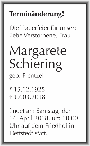 Traueranzeige von Margarete Schiering von Super Sonntag SGH Mansf. Land