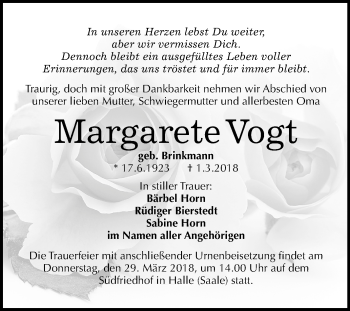 Traueranzeige von Margarete Vogt von Mitteldeutsche Zeitung Halle/Saalkreis