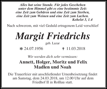 Traueranzeige von Margit Friedrichs von WVG - Wochenspiegel Dessau / Köthen