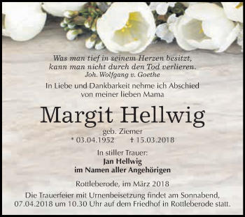 Traueranzeige von Margit Hellwig von WVG - Wochenspiegel SGH