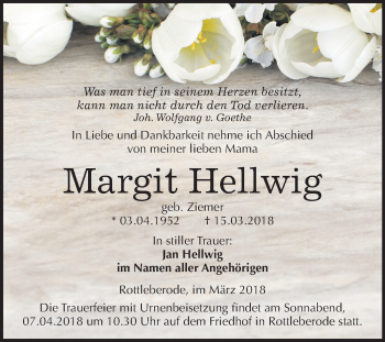 Traueranzeige von Margit Hellwig von Mitteldeutsche Zeitung Sangerhausen