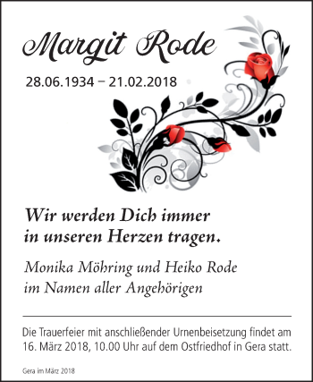Traueranzeige von Margit Rode von Mitteldeutsche Zeitung Köthen