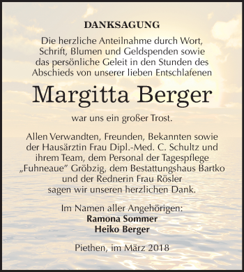 Traueranzeige von Margitta Berger von Mitteldeutsche Zeitung