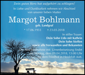 Traueranzeige von Margot Bohlmann von Mitteldeutsche Zeitung Bitterfeld