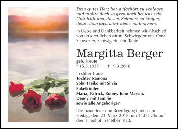 Traueranzeige von Margrtta Berger von Mitteldeutsche Zeitung Köthen