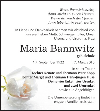 Traueranzeige von Maria Bannwitz von Mitteldeutsche Zeitung