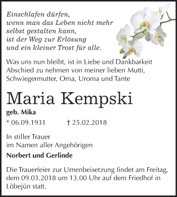 Traueranzeige von Maria Kempski von Mitteldeutsche Zeitung Halle/Saalkreis