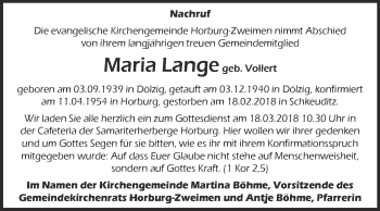 Traueranzeige von Maria Lange von Super Sonntag Merseburg