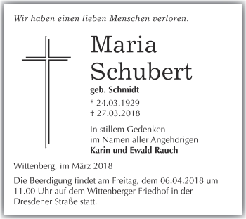 Traueranzeige von Maria Schubert von WVG - Wochenspiegel Wittenberg