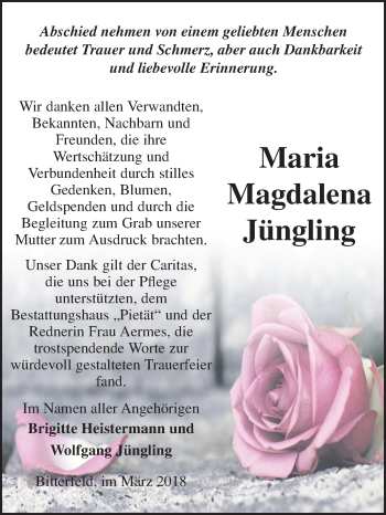 Traueranzeige von Maria Magdalena Jüngling von Mitteldeutsche Zeitung Bitterfeld
