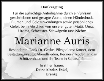 Traueranzeige von Marianne Auris von Mitteldeutsche Zeitung Merseburg/Querfurt
