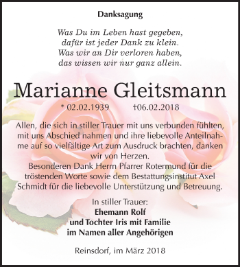 Traueranzeige von Marianne Gleitsmann von Mitteldeutsche Zeitung