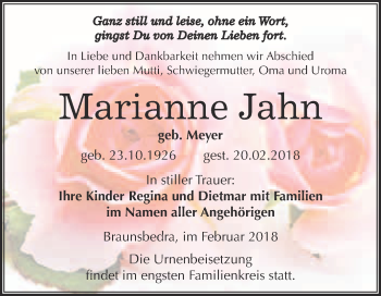 Traueranzeige von Marianne Jahn von WVG - Wochenspiegel Merseburg