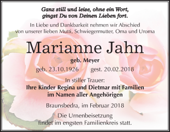 Traueranzeige von Marianne Jahn von Mitteldeutsche Zeitung Merseburg/Querfurt