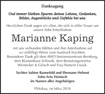 Traueranzeige von Marianne Kaping von Super Sonntag Bernburg
