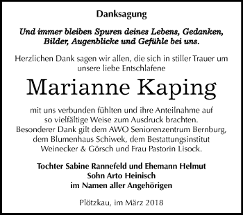 Traueranzeige von Marianne Kaping von Mitteldeutsche Zeitung Bernburg