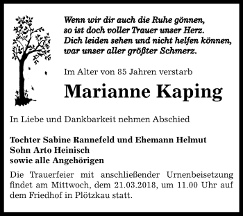 Traueranzeige von Marianne Kaping von Mitteldeutsche Zeitung Bernburg