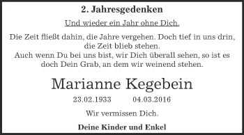 Traueranzeige von Marianne Kegebein von Super Sonntag Dessau / Köthen