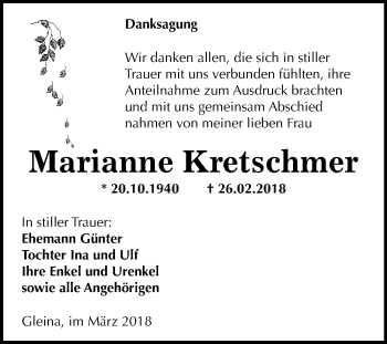 Traueranzeige von Marianne Kretschmer von Mitteldeutsche Zeitung