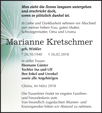 Traueranzeige von Marianne Kretschmer von Mitteldeutsche Zeitung