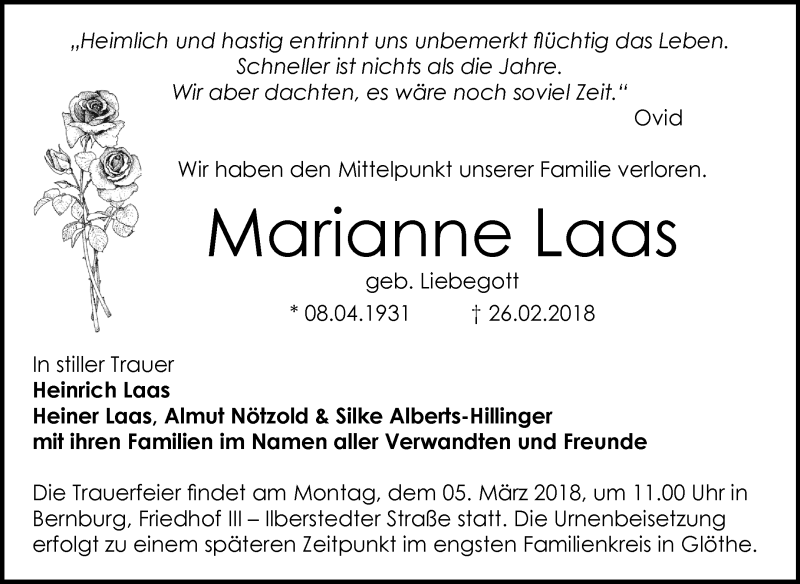  Traueranzeige für Marianne Laas vom 01.03.2018 aus Mitteldeutsche Zeitung Bernburg