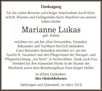 Traueranzeige von Marianne Lukas von Super Sonntag Aschersleben